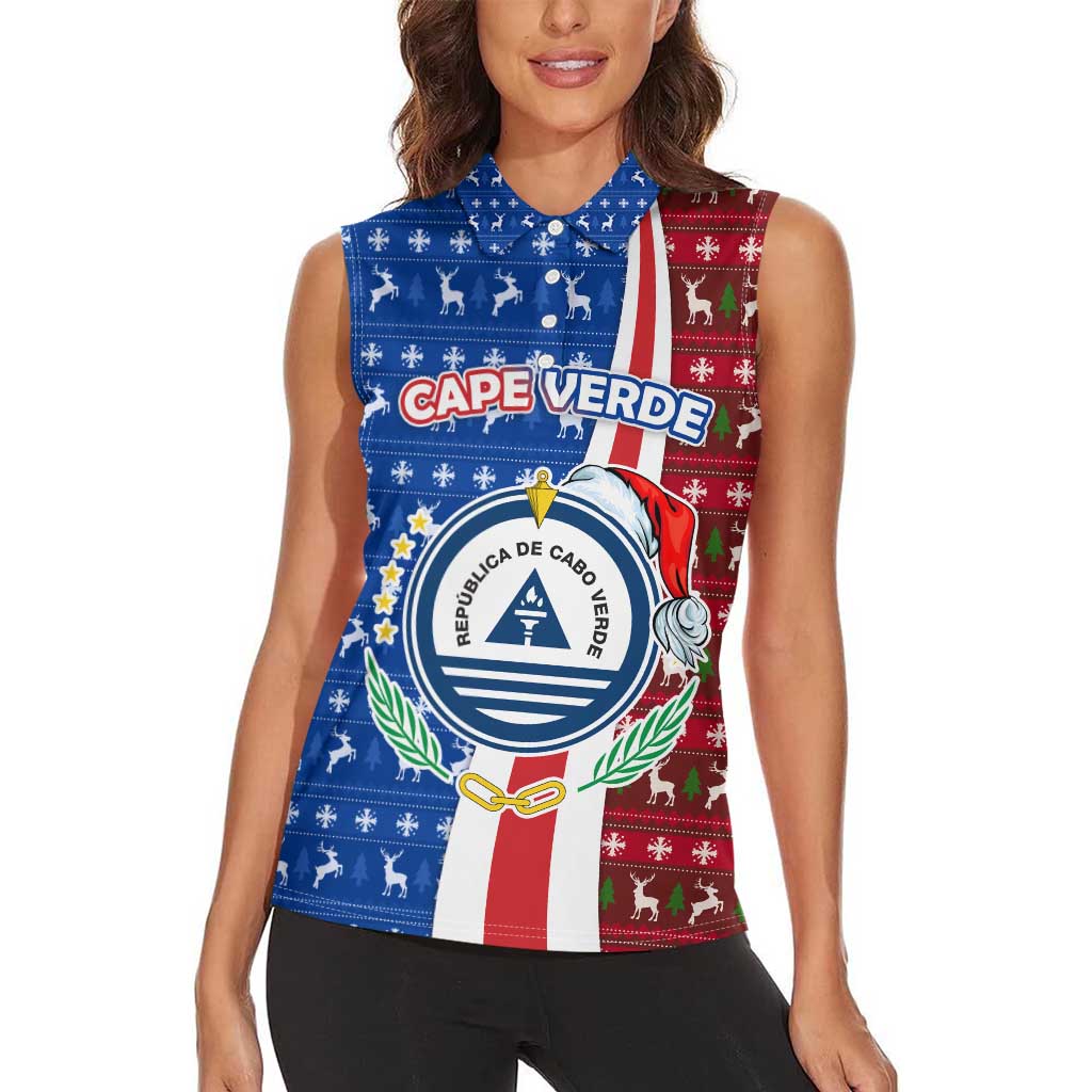 Cape Verde Christmas Women Sleeveless Polo Shirt with Red and Blue Festive Pattern Christmas Tree and National Emblem Motif - Wonder Print Shop