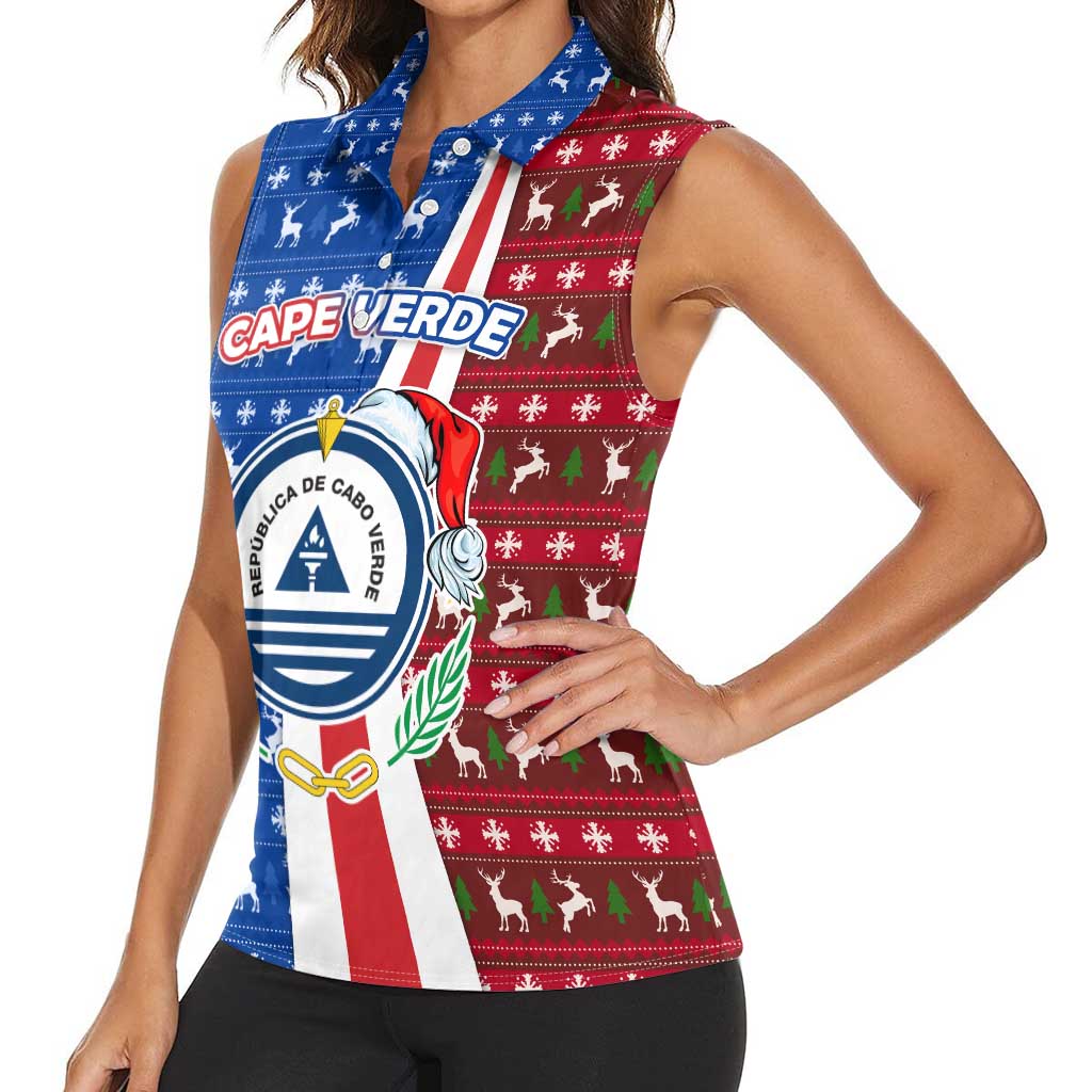 Cape Verde Christmas Women Sleeveless Polo Shirt with Red and Blue Festive Pattern Christmas Tree and National Emblem Motif - Wonder Print Shop