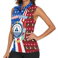 Cape Verde Christmas Women Sleeveless Polo Shirt with Red and Blue Festive Pattern Christmas Tree and National Emblem Motif - Wonder Print Shop