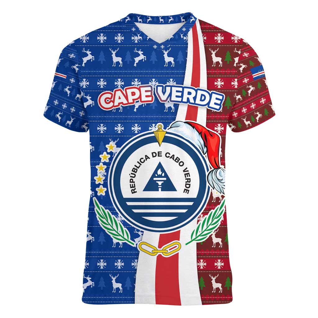 Cape Verde Christmas Women V-Neck T-Shirt with Red and Blue Festive Pattern Christmas Tree and National Emblem Motif - Wonder Print Shop