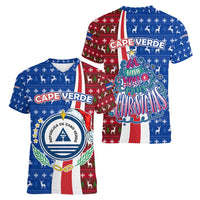 Cape Verde Christmas Women V-Neck T-Shirt with Red and Blue Festive Pattern Christmas Tree and National Emblem Motif - Wonder Print Shop