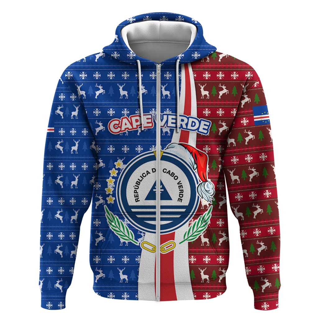Cape Verde Christmas Zip Hoodie with Red and Blue Festive Pattern Christmas Tree and National Emblem Motif - Wonder Print Shop