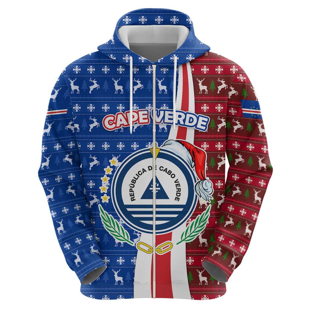 Cape Verde Christmas Zip Hoodie with Red and Blue Festive Pattern Christmas Tree and National Emblem Motif - Wonder Print Shop