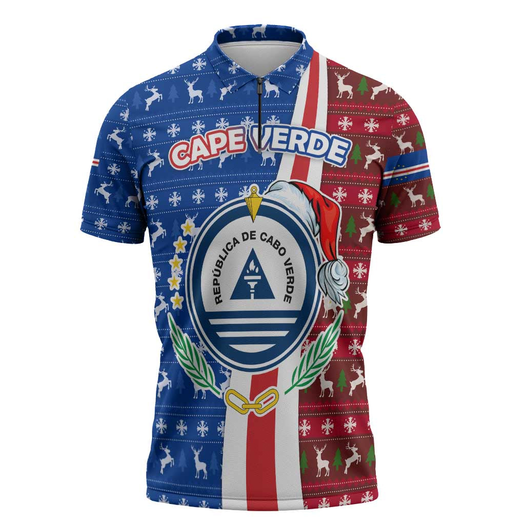Cape Verde Christmas Zipper Polo Shirt with Red and Blue Festive Pattern Christmas Tree and National Emblem Motif - Wonder Print Shop