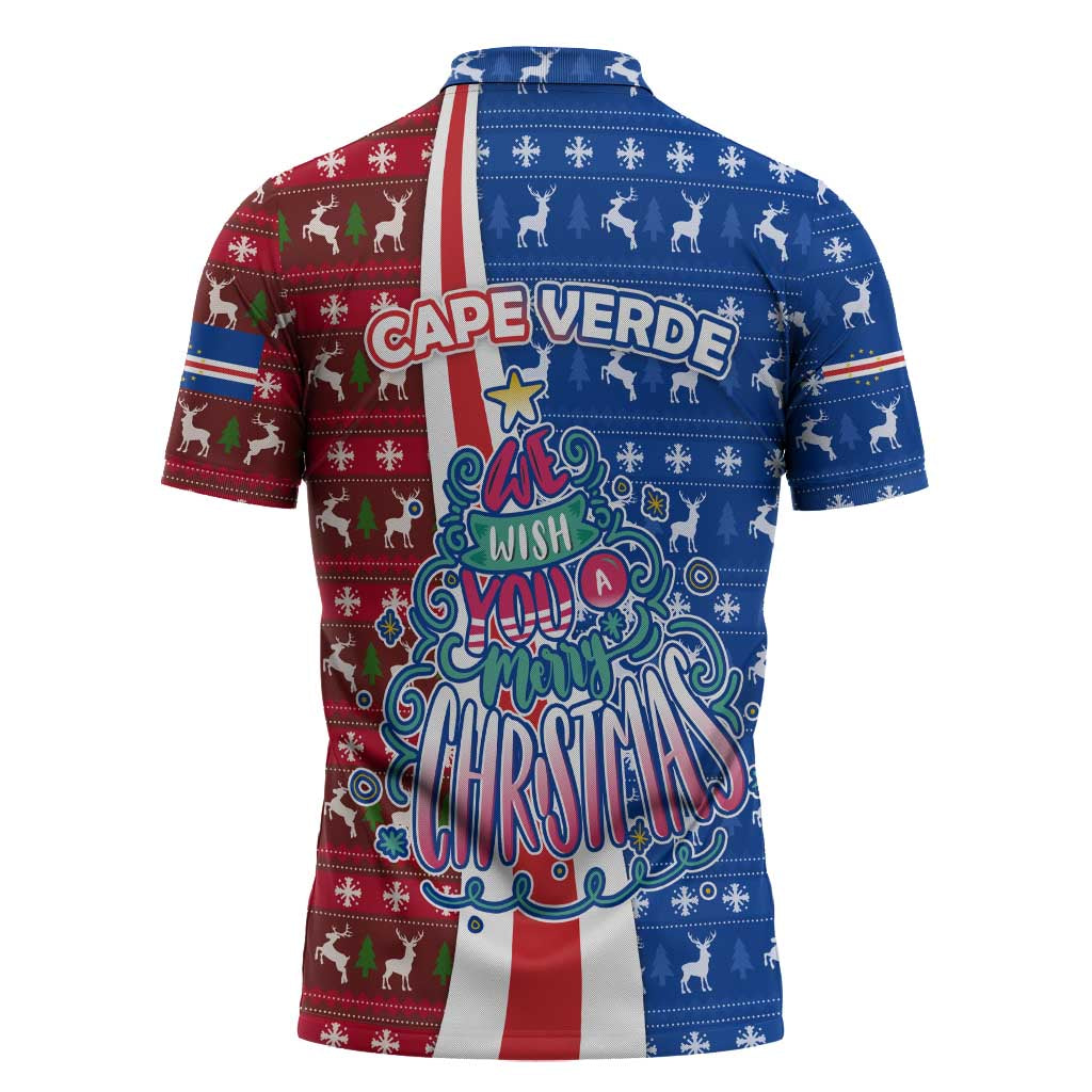 Cape Verde Christmas Zipper Polo Shirt with Red and Blue Festive Pattern Christmas Tree and National Emblem Motif - Wonder Print Shop