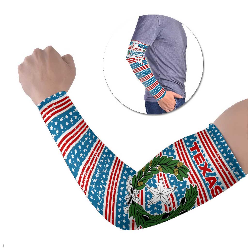 Texas Christmas Arm Sleeves with Blue and Red Striped Festive Pattern Lone Star and Santa Motif - Wonder Print Shop