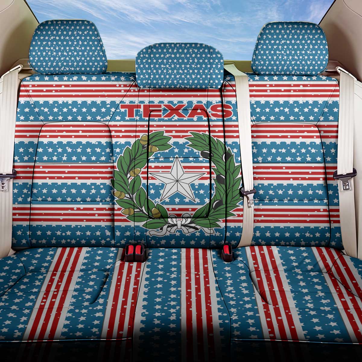 Texas Christmas Back Car Seat Cover with Blue and Red Striped Festive Pattern Lone Star and Santa Motif - Wonder Print Shop