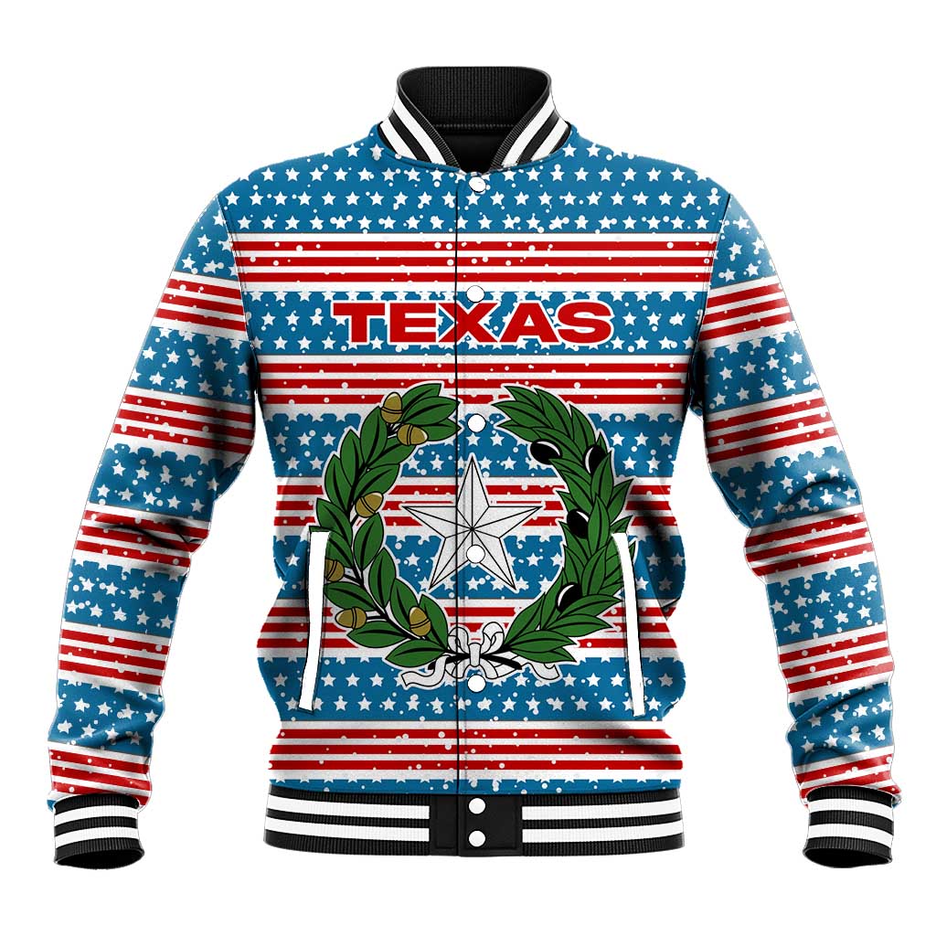 Texas Christmas Baseball Jacket with Blue and Red Striped Festive Pattern Lone Star and Santa Motif - Wonder Print Shop