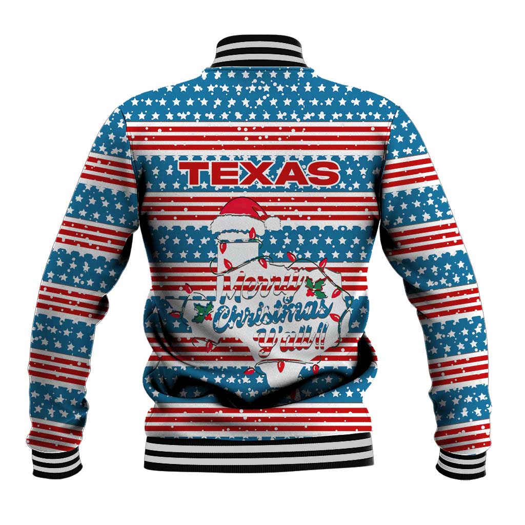 Texas Christmas Baseball Jacket with Blue and Red Striped Festive Pattern Lone Star and Santa Motif - Wonder Print Shop