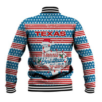 Texas Christmas Baseball Jacket with Blue and Red Striped Festive Pattern Lone Star and Santa Motif - Wonder Print Shop