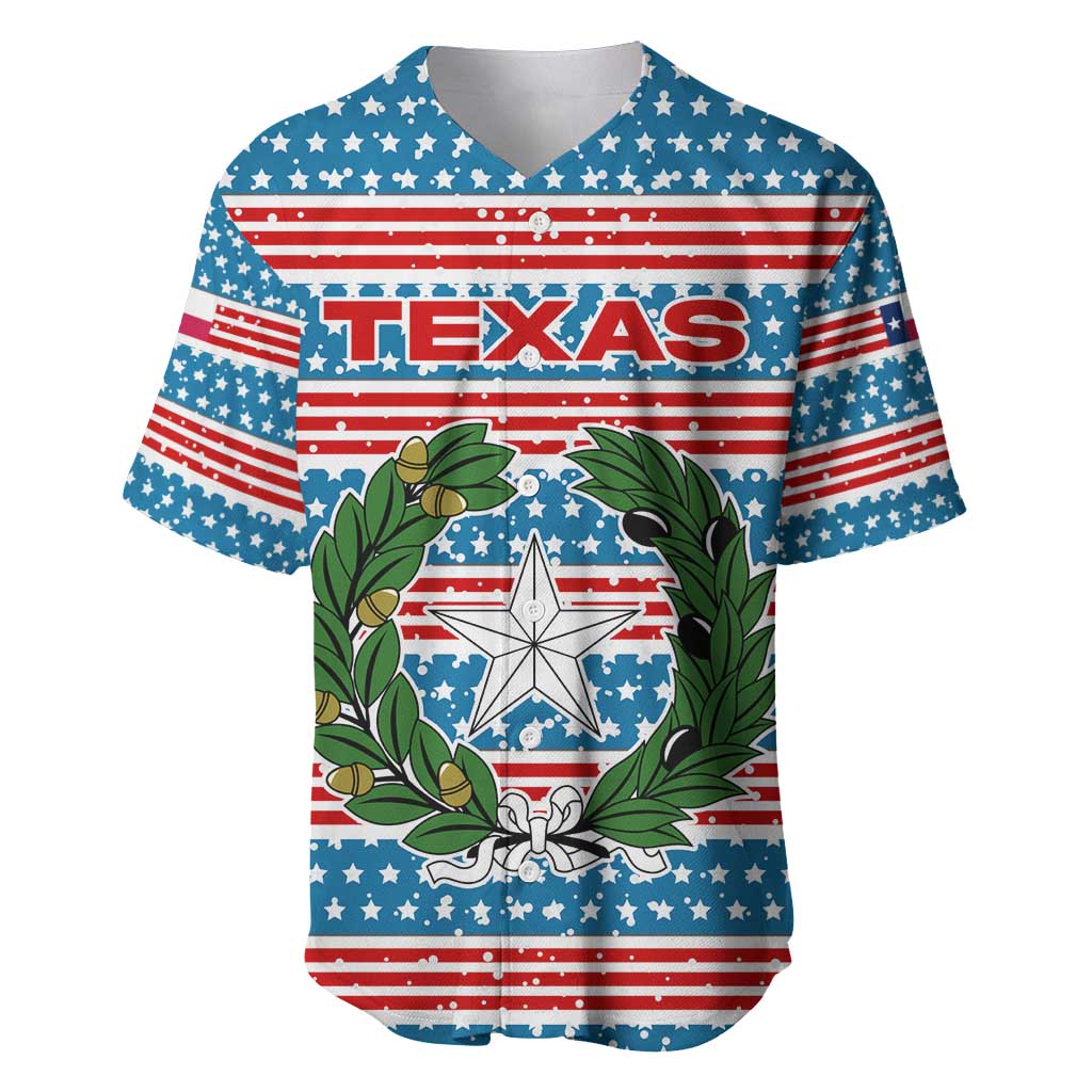 Texas Christmas Baseball Jersey with Blue and Red Striped Festive Pattern Lone Star and Santa Motif - Wonder Print Shop
