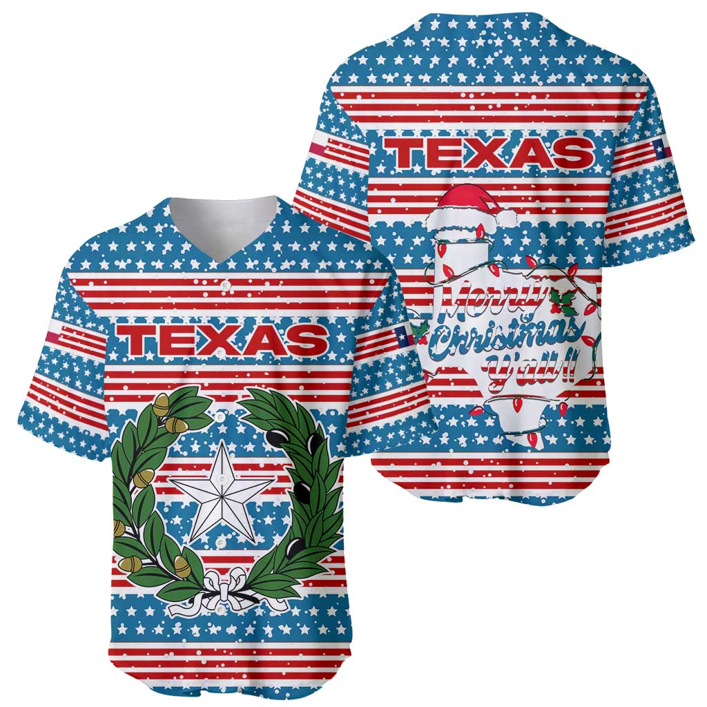 Texas Christmas Baseball Jersey with Blue and Red Striped Festive Pattern Lone Star and Santa Motif - Wonder Print Shop