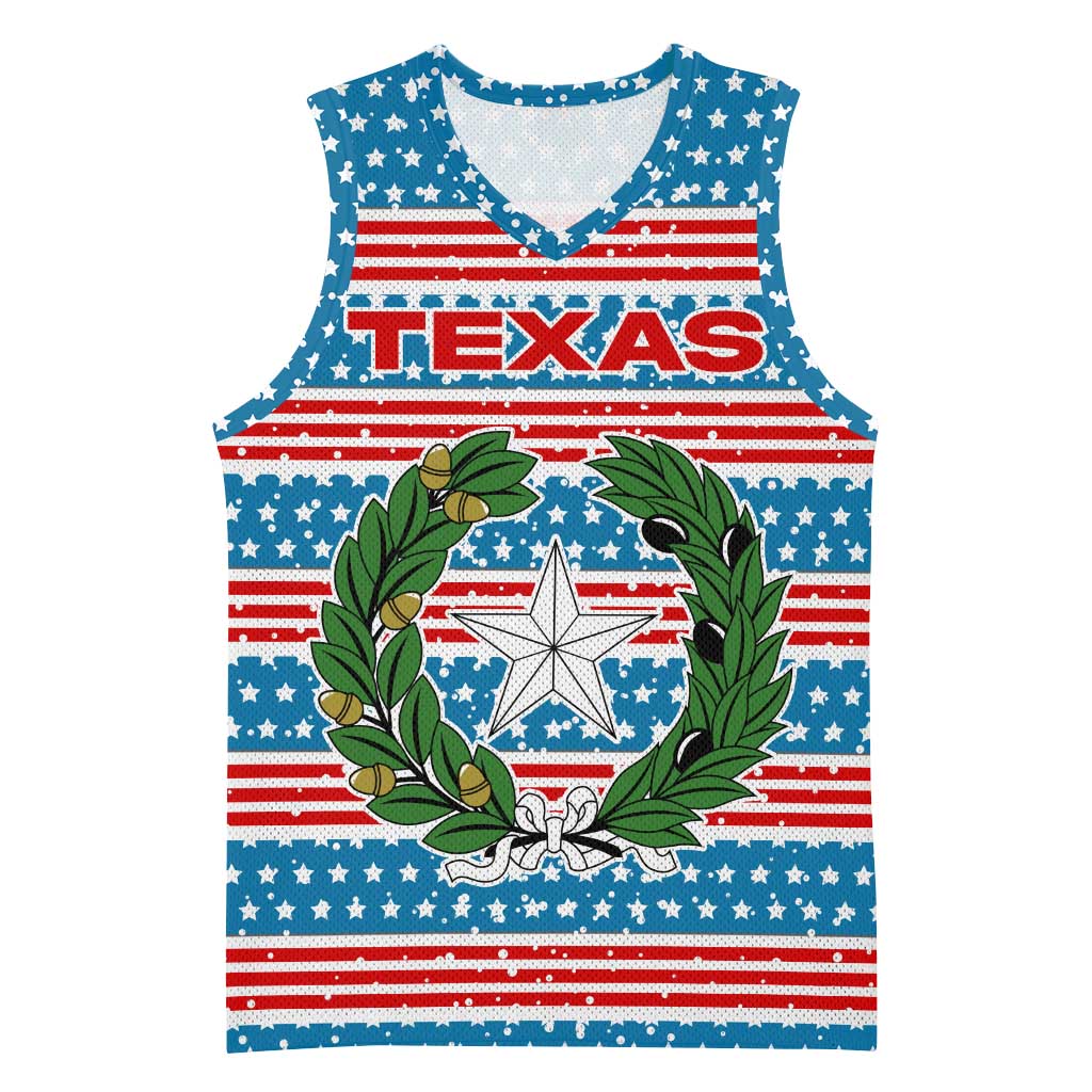 Texas Christmas Basketball Jersey with Blue and Red Striped Festive Pattern Lone Star and Santa Motif - Wonder Print Shop