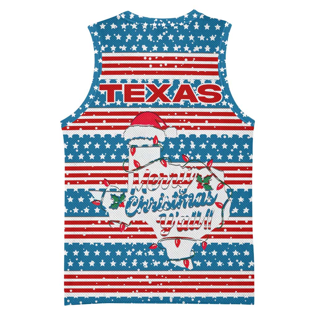 Texas Christmas Basketball Jersey with Blue and Red Striped Festive Pattern Lone Star and Santa Motif - Wonder Print Shop