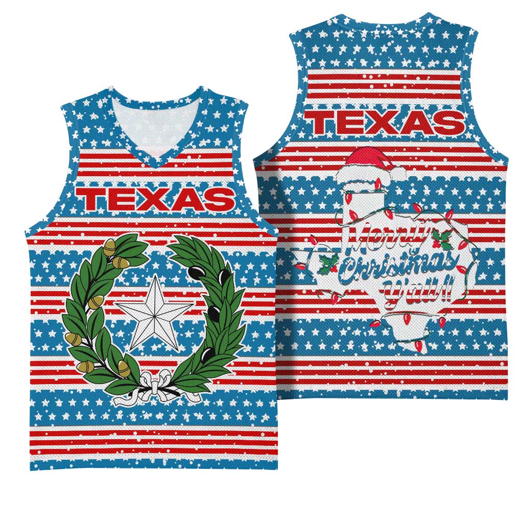 Texas Christmas Basketball Jersey with Blue and Red Striped Festive Pattern Lone Star and Santa Motif - Wonder Print Shop