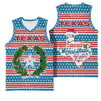 Texas Christmas Basketball Jersey with Blue and Red Striped Festive Pattern Lone Star and Santa Motif - Wonder Print Shop