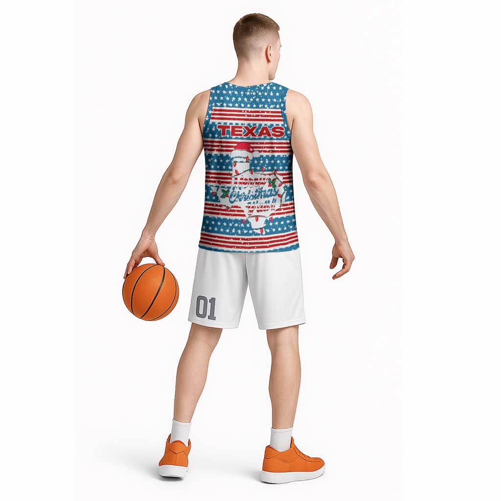 Texas Christmas Basketball Jersey with Blue and Red Striped Festive Pattern Lone Star and Santa Motif - Wonder Print Shop