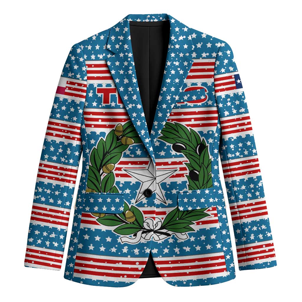 Texas Christmas Blazer with Blue and Red Striped Festive Pattern Lone Star and Santa Motif - Wonder Print Shop