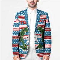 Texas Christmas Blazer with Blue and Red Striped Festive Pattern Lone Star and Santa Motif - Wonder Print Shop