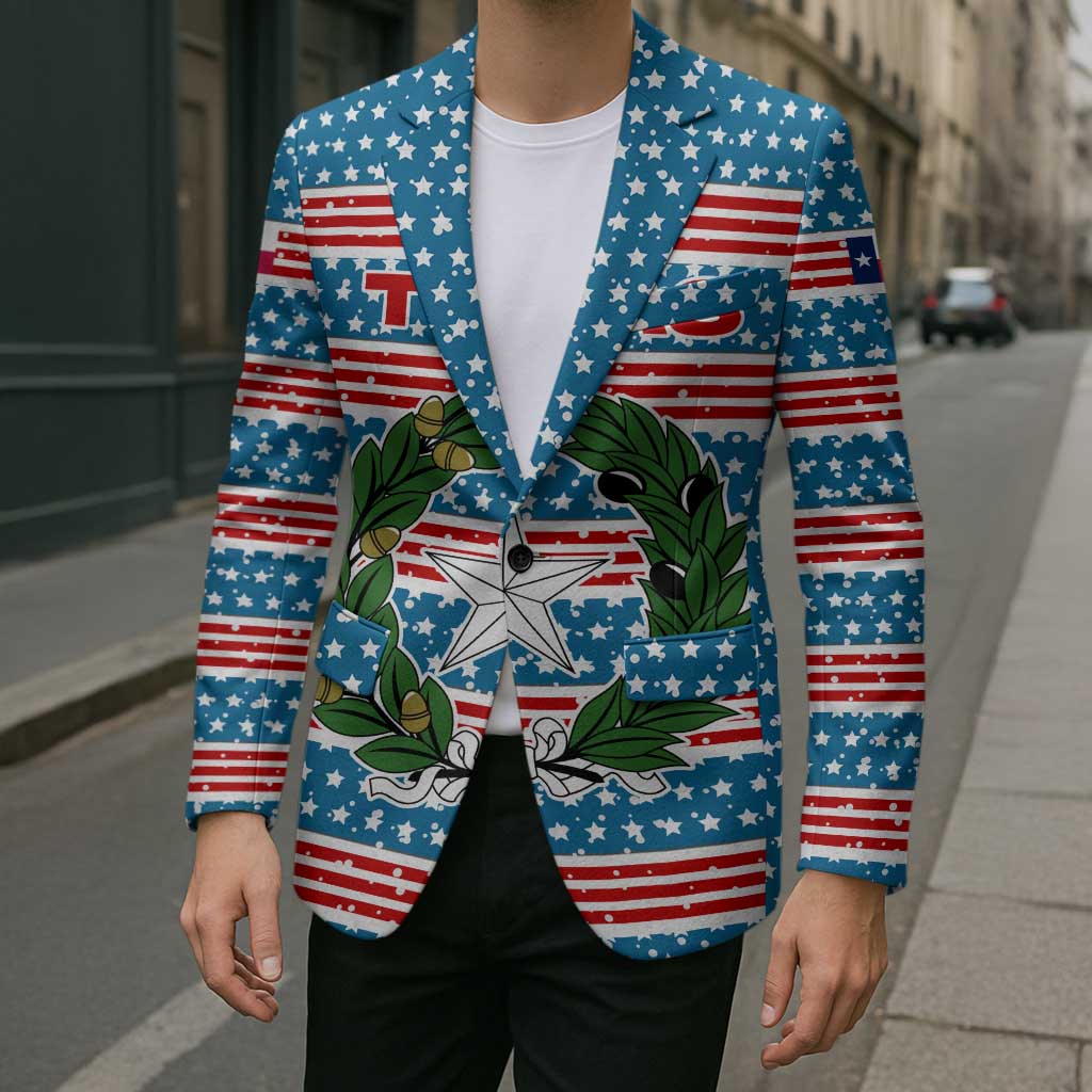 Texas Christmas Blazer with Blue and Red Striped Festive Pattern Lone Star and Santa Motif - Wonder Print Shop