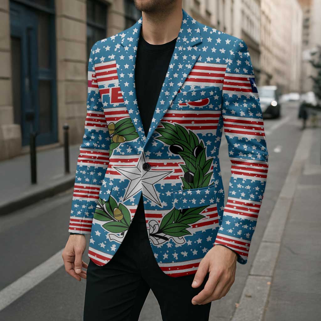 Texas Christmas Blazer with Blue and Red Striped Festive Pattern Lone Star and Santa Motif - Wonder Print Shop