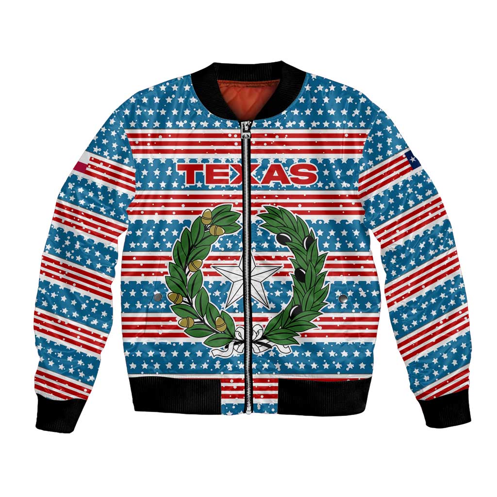 Texas Christmas Bomber Jacket with Blue and Red Striped Festive Pattern Lone Star and Santa Motif - Wonder Print Shop