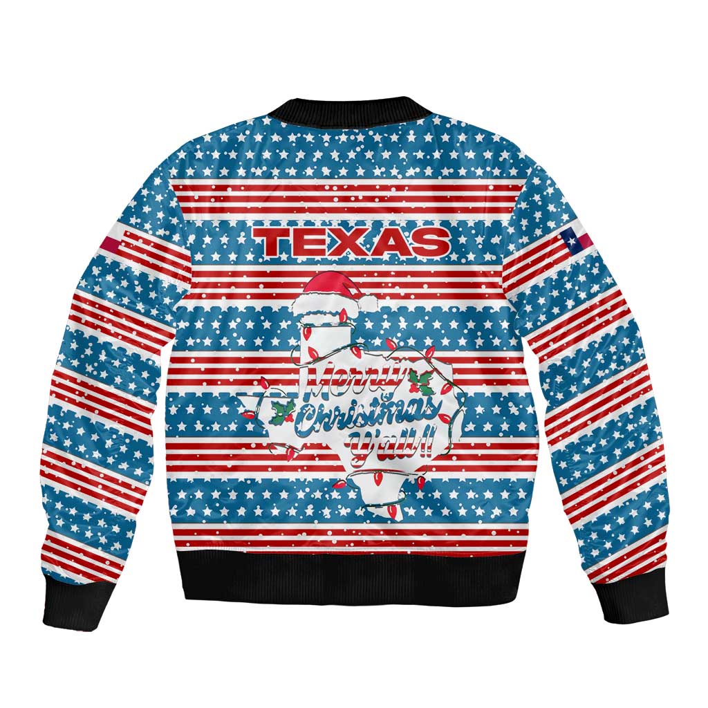 Texas Christmas Bomber Jacket with Blue and Red Striped Festive Pattern Lone Star and Santa Motif - Wonder Print Shop