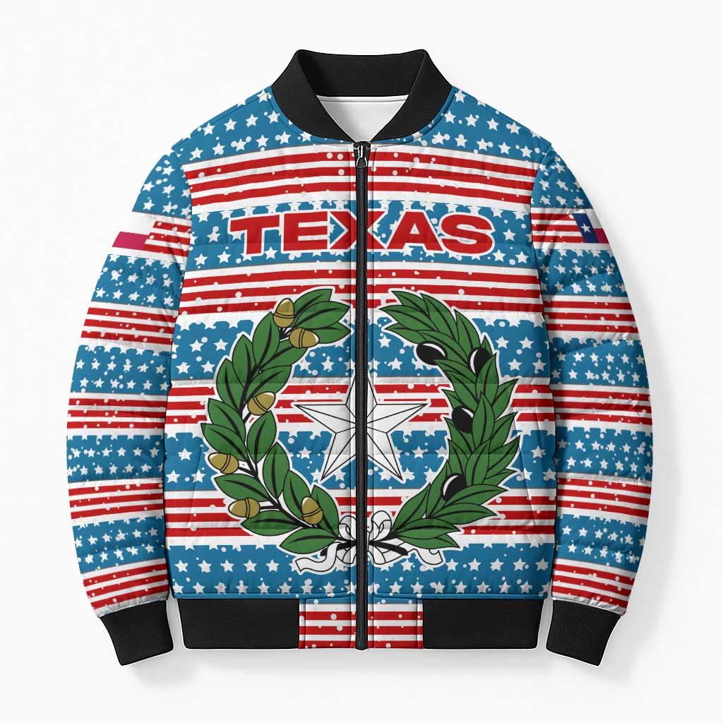 Texas Christmas Bomber Puffer Jacket with Blue and Red Striped Festive Pattern Lone Star and Santa Motif - Wonder Print Shop