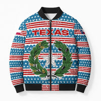 Texas Christmas Bomber Puffer Jacket with Blue and Red Striped Festive Pattern Lone Star and Santa Motif - Wonder Print Shop