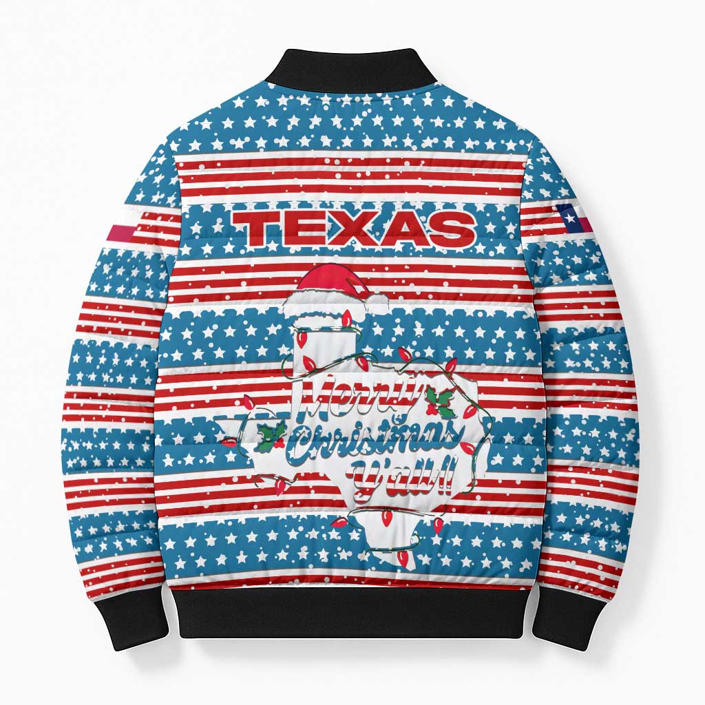 Texas Christmas Bomber Puffer Jacket with Blue and Red Striped Festive Pattern Lone Star and Santa Motif - Wonder Print Shop