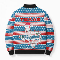 Texas Christmas Bomber Puffer Jacket with Blue and Red Striped Festive Pattern Lone Star and Santa Motif - Wonder Print Shop