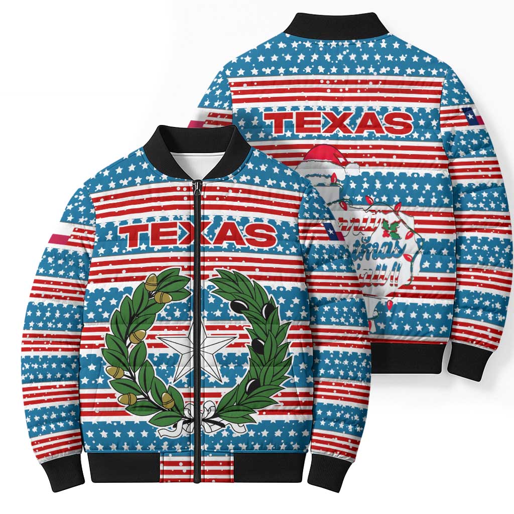 Texas Christmas Bomber Puffer Jacket with Blue and Red Striped Festive Pattern Lone Star and Santa Motif - Wonder Print Shop