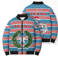 Texas Christmas Bomber Puffer Jacket with Blue and Red Striped Festive Pattern Lone Star and Santa Motif - Wonder Print Shop