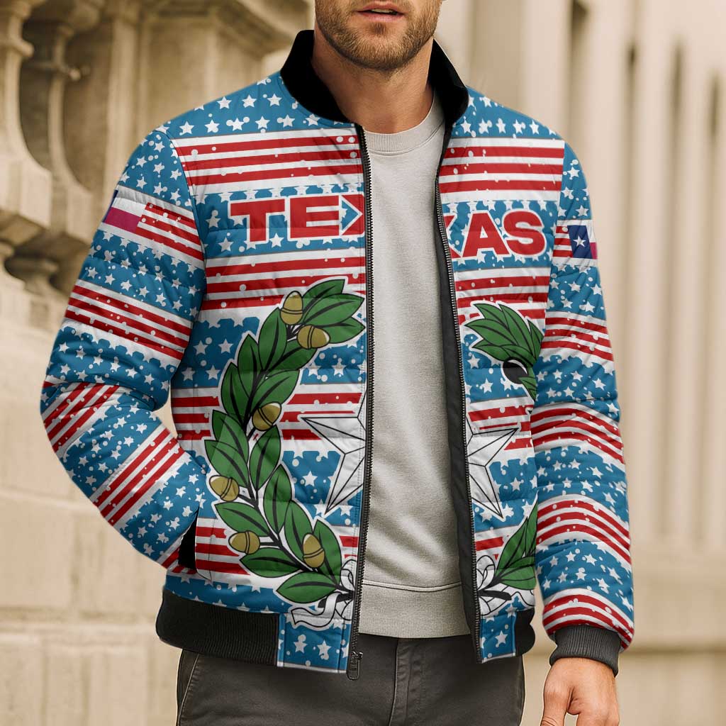 Texas Christmas Bomber Puffer Jacket with Blue and Red Striped Festive Pattern Lone Star and Santa Motif - Wonder Print Shop