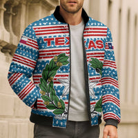 Texas Christmas Bomber Puffer Jacket with Blue and Red Striped Festive Pattern Lone Star and Santa Motif - Wonder Print Shop