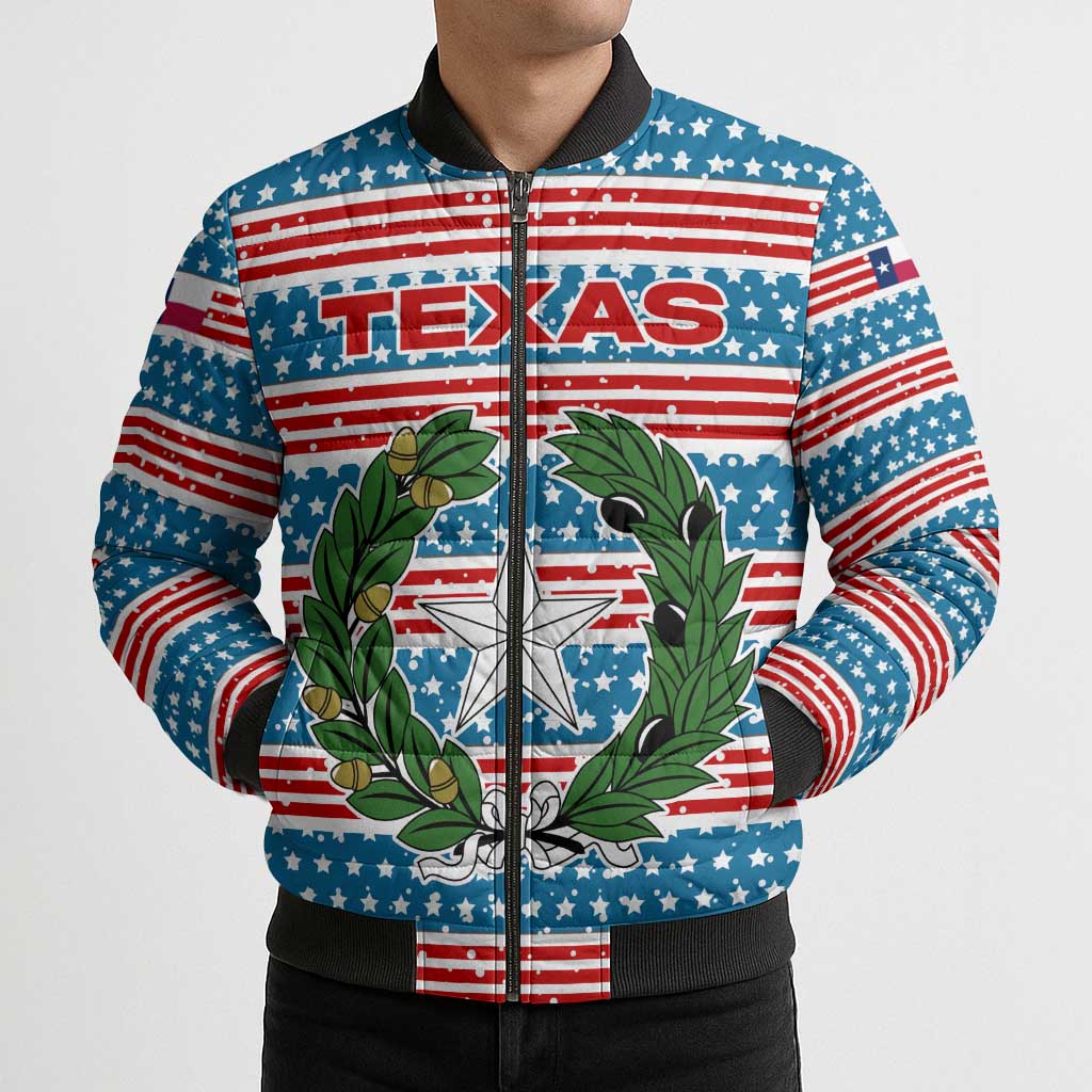 Texas Christmas Bomber Puffer Jacket with Blue and Red Striped Festive Pattern Lone Star and Santa Motif - Wonder Print Shop