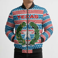 Texas Christmas Bomber Puffer Jacket with Blue and Red Striped Festive Pattern Lone Star and Santa Motif - Wonder Print Shop