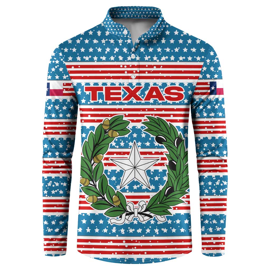 Texas Christmas Button Sweatshirt with Blue and Red Striped Festive Pattern Lone Star and Santa Motif - Wonder Print Shop