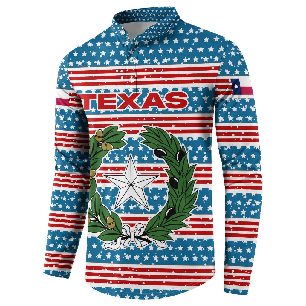 Texas Christmas Button Sweatshirt with Blue and Red Striped Festive Pattern Lone Star and Santa Motif - Wonder Print Shop