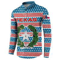 Texas Christmas Button Sweatshirt with Blue and Red Striped Festive Pattern Lone Star and Santa Motif - Wonder Print Shop