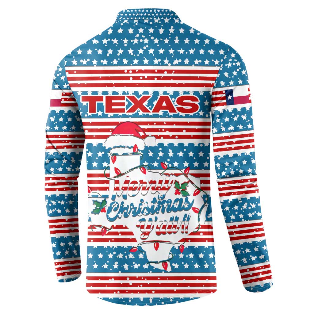 Texas Christmas Button Sweatshirt with Blue and Red Striped Festive Pattern Lone Star and Santa Motif - Wonder Print Shop