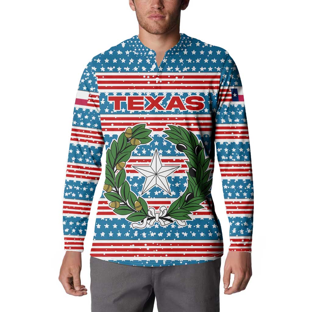 Texas Christmas Button Sweatshirt with Blue and Red Striped Festive Pattern Lone Star and Santa Motif - Wonder Print Shop
