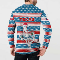 Texas Christmas Button Sweatshirt with Blue and Red Striped Festive Pattern Lone Star and Santa Motif - Wonder Print Shop