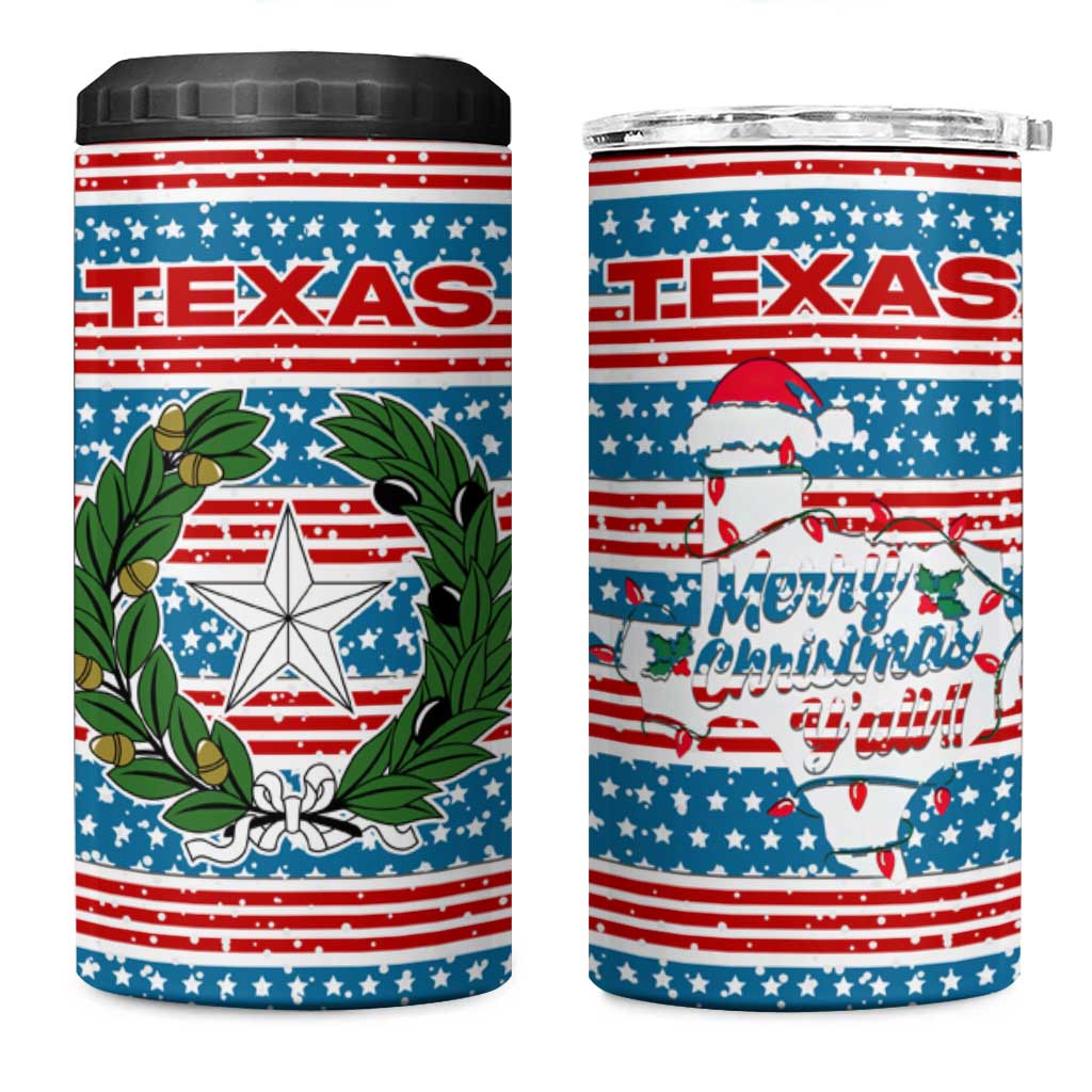 Texas Christmas 4 in 1 Can Cooler Tumbler with Blue and Red Striped Festive Pattern Lone Star and Santa Motif - Wonder Print Shop
