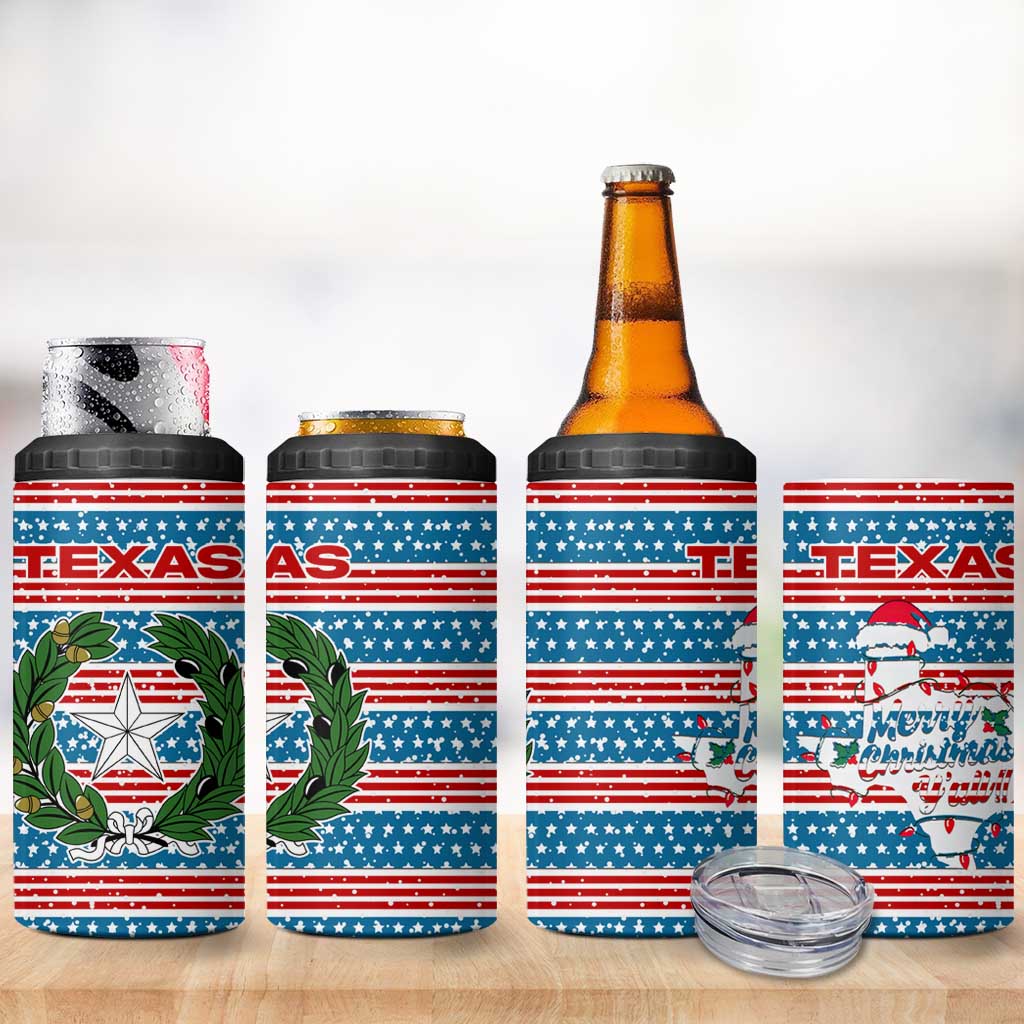 Texas Christmas 4 in 1 Can Cooler Tumbler with Blue and Red Striped Festive Pattern Lone Star and Santa Motif - Wonder Print Shop