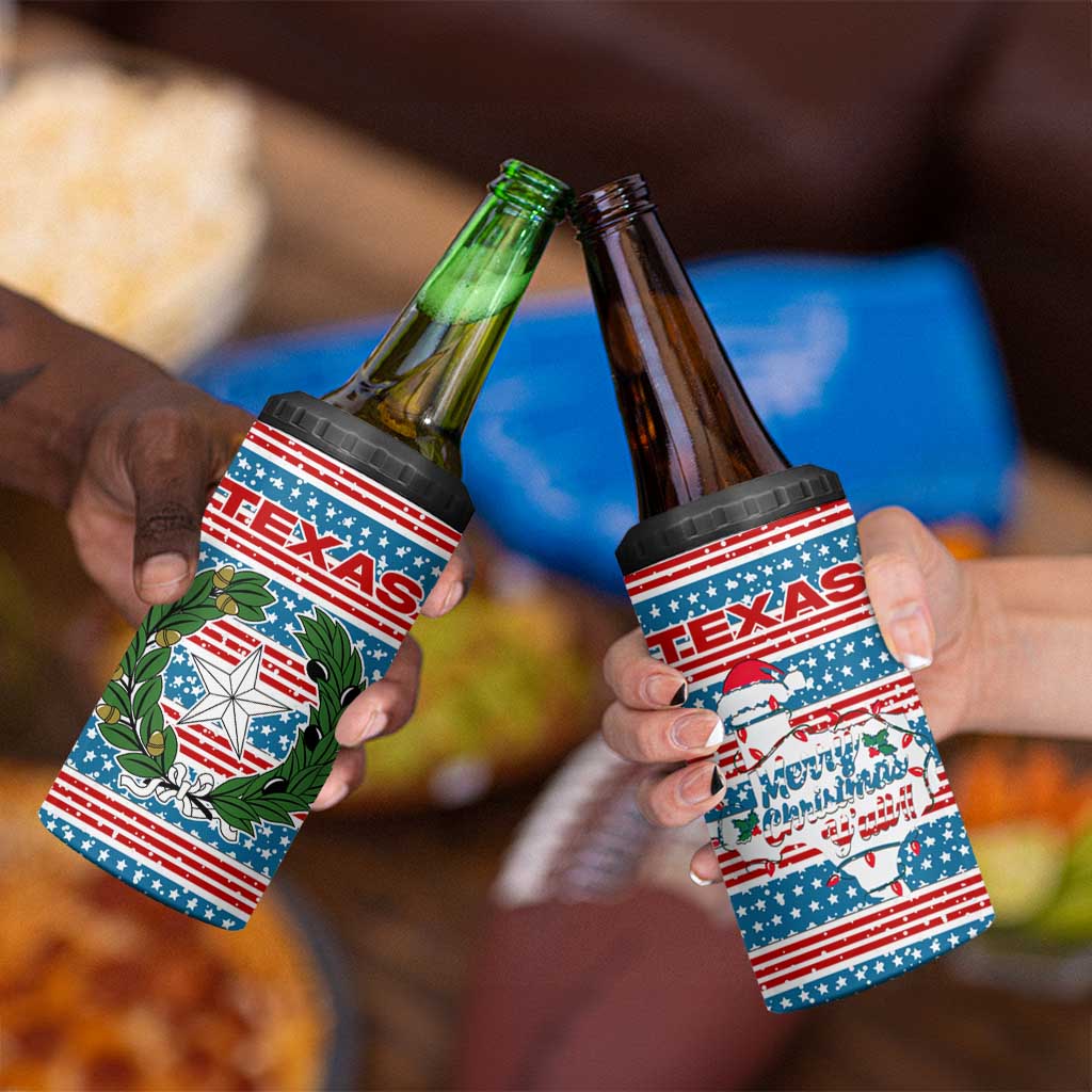 Texas Christmas 4 in 1 Can Cooler Tumbler with Blue and Red Striped Festive Pattern Lone Star and Santa Motif - Wonder Print Shop