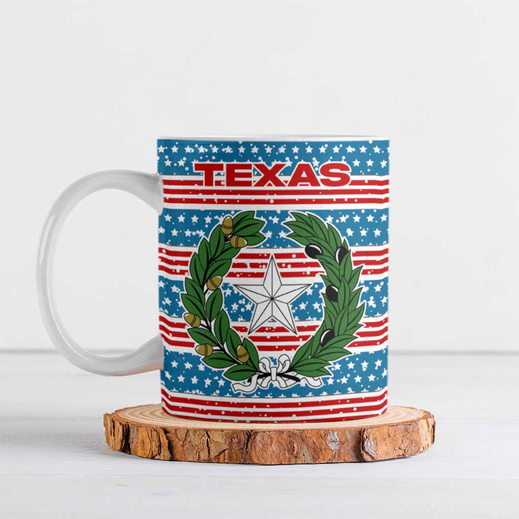 Texas Christmas Ceramic Mug with Blue and Red Striped Festive Pattern Lone Star and Santa Motif - Wonder Print Shop