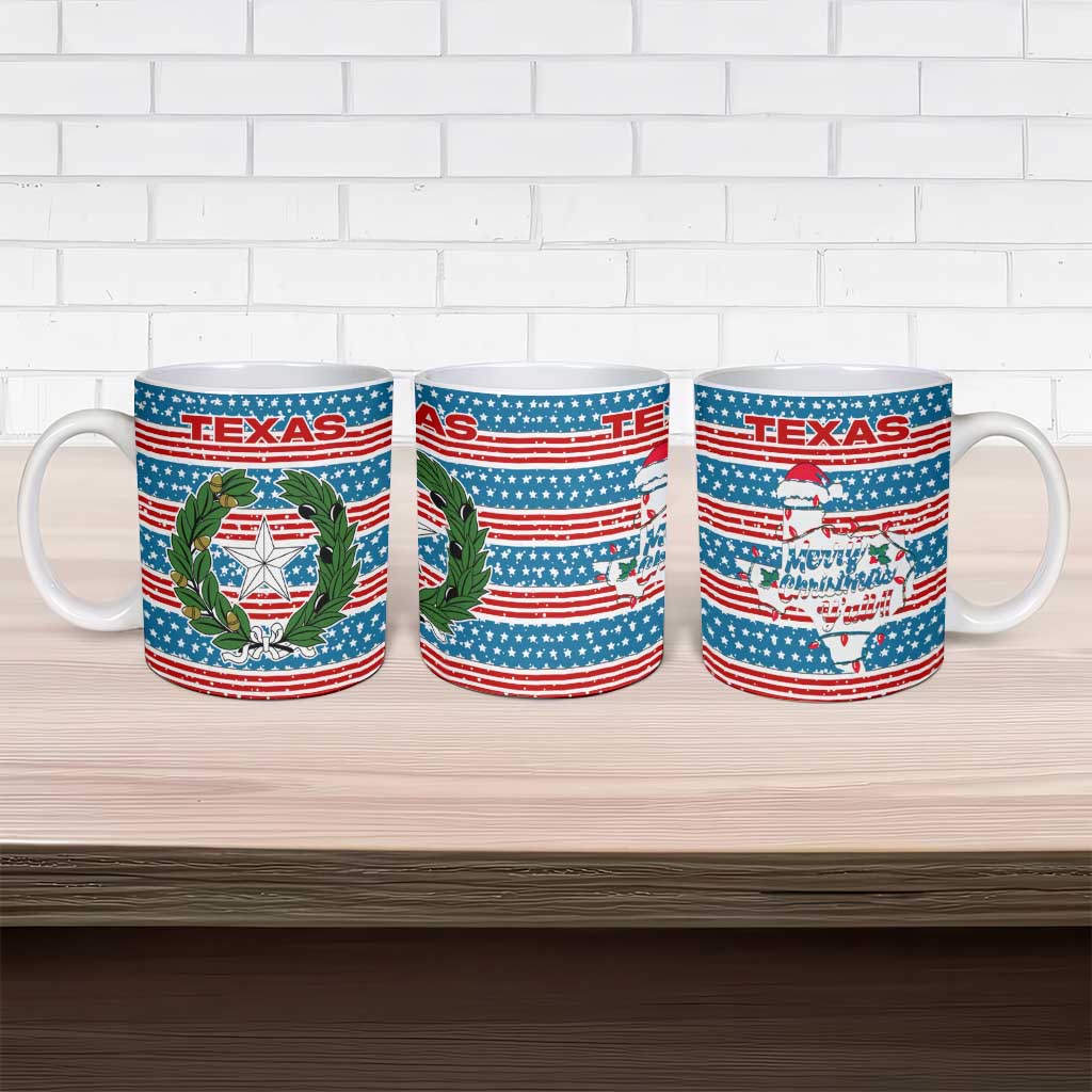 Texas Christmas Ceramic Mug with Blue and Red Striped Festive Pattern Lone Star and Santa Motif - Wonder Print Shop