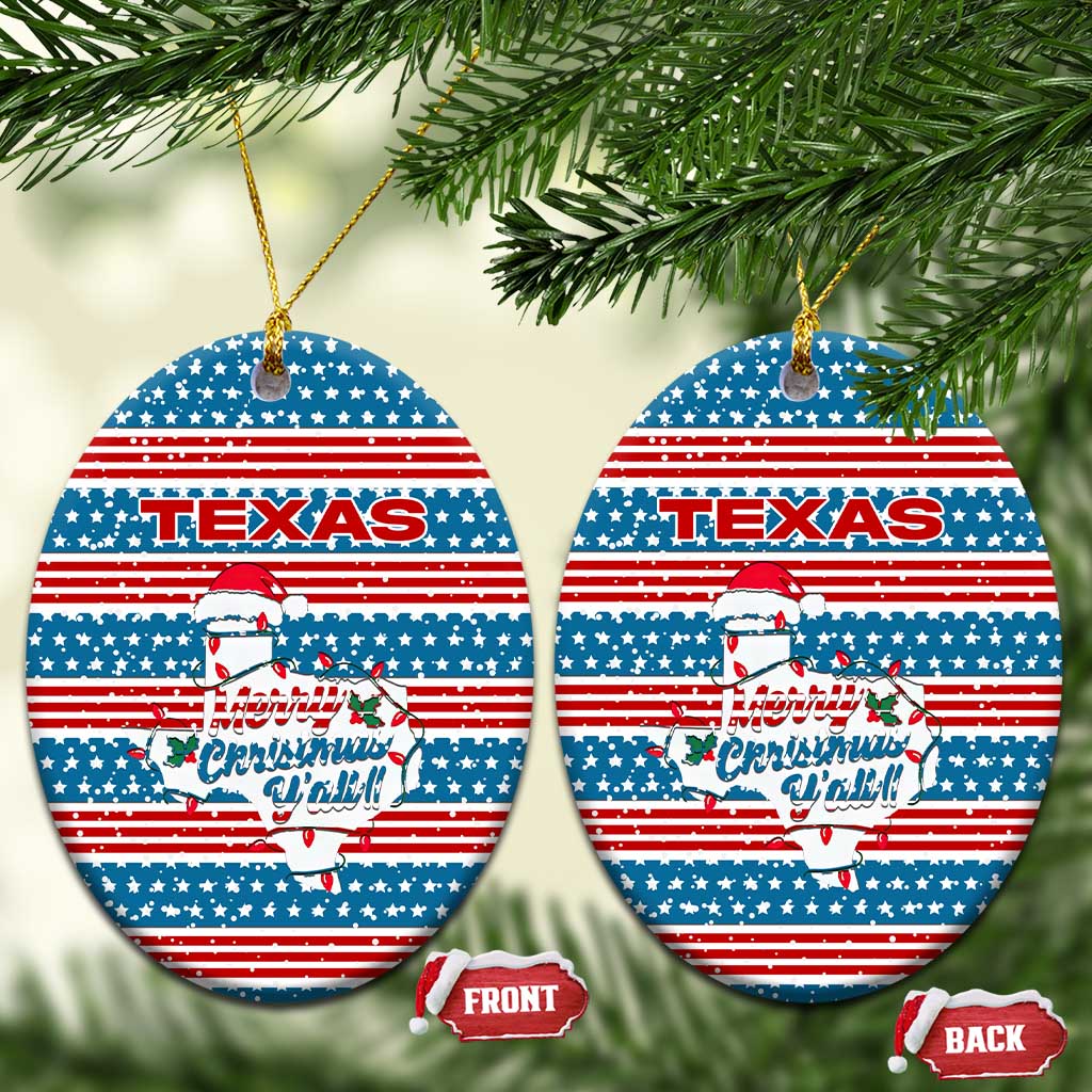 Texas Christmas Ceramic Ornament with Blue and Red Striped Festive Pattern Lone Star and Santa Motif - Wonder Print Shop