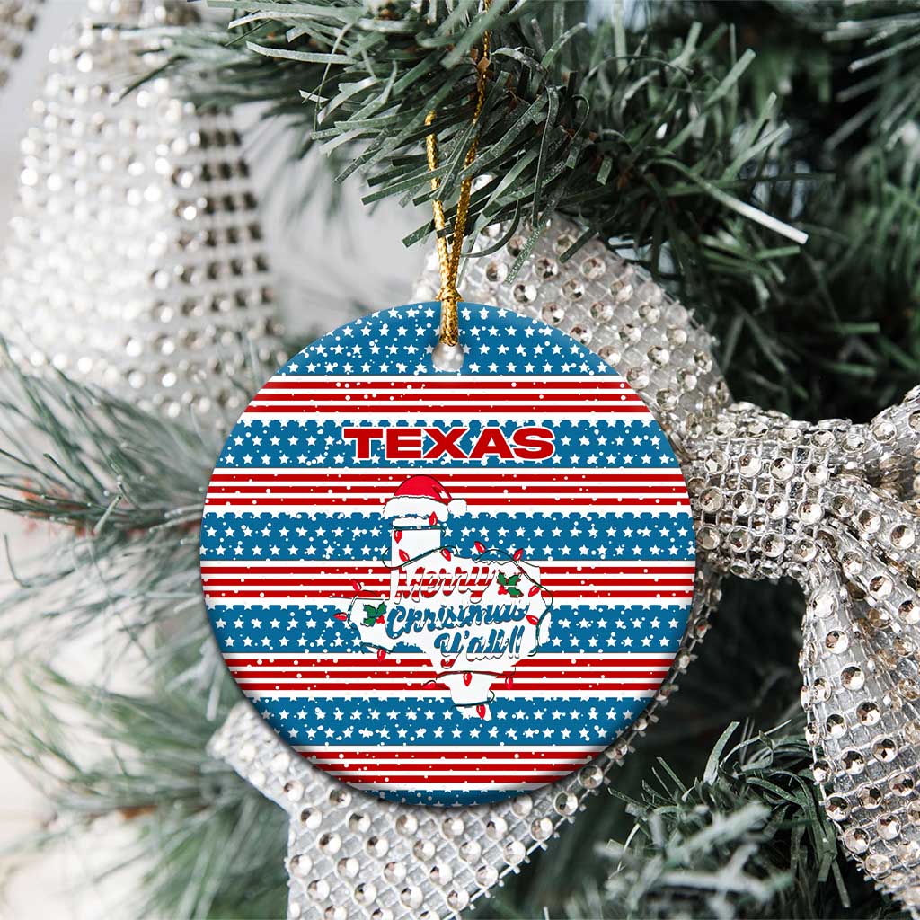 Texas Christmas Ceramic Ornament with Blue and Red Striped Festive Pattern Lone Star and Santa Motif - Wonder Print Shop